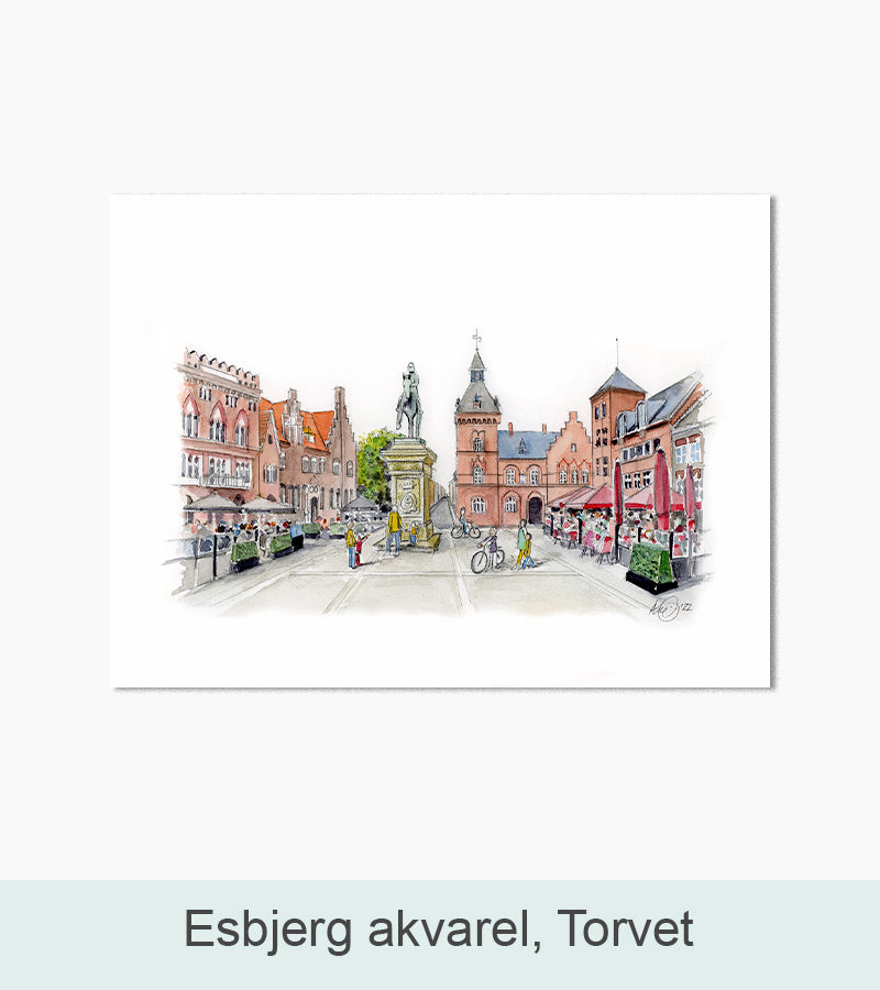 Esbjerg akvarel, Torvet. Af kunstner Kurt Hansen.