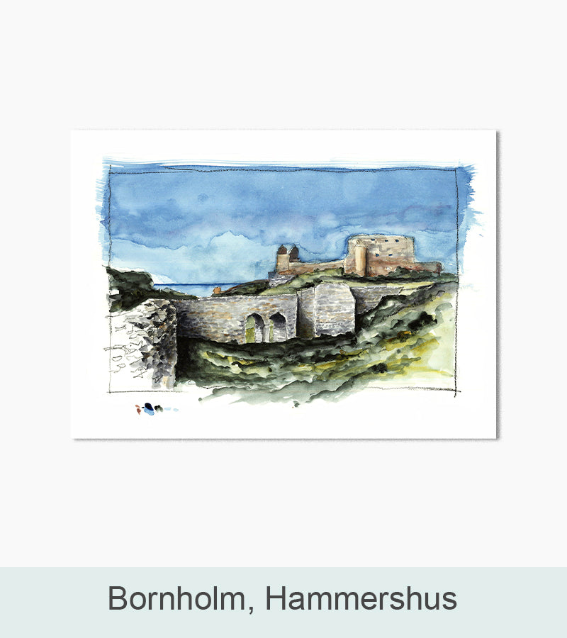 Bornholm, Hammershus. Akvarel af Kunstner Kurt Hansen.